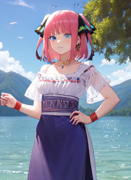 masterpiece, best quality, highres,ninonakano, <lora:ninonakanotest:1>, nino nakano, short hair, bangs, blue eyes, hair ornament, hair ribbon, pink hair, blunt bangs, two side up, butterfly hair ornament, jewelry, otavalenian dress, short sleeves, standing, cowboy shot, in front of a lake, <lora:otavalenianClothes:1>