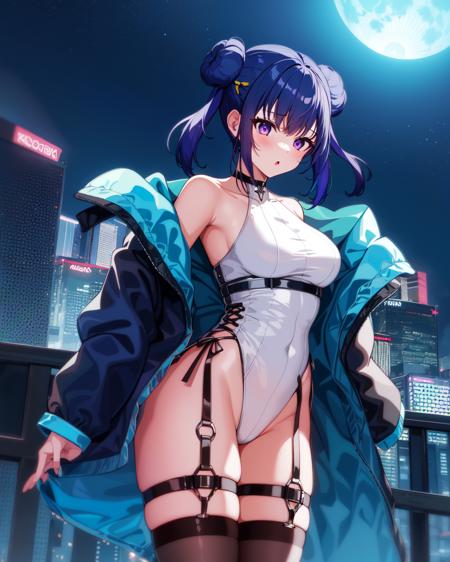 1girl, lillaslf1, blue hair, purple eyes, double bun, white leotard, black straps, oversized blue jacket, black legwear, black garter straps, :o, 
outdoors, city, night sky, blue ambient lighting, cyberpunk, moon,

<lora:lillav3:1>