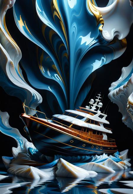 Ultrarealistic. sharp focus, dynamic lighting. play of light, Raytracing, Ultra detailed. (((Liquid Marble style))). A boat made of Liquid Marble.