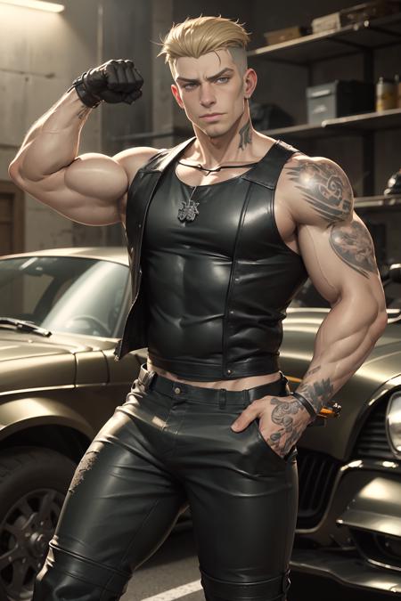 porco_galliard, garage, thug, rocker, sleeveless shirt, tattoos, leather pants, arrogant smile, sunlight, realistic <lora:porco_galliard:0.7>