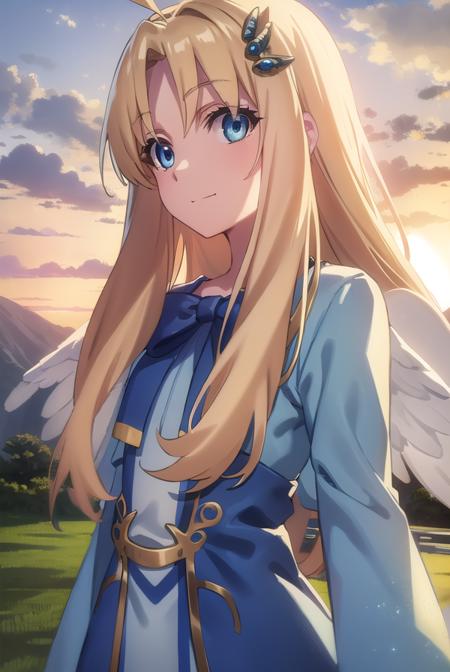 shieldfilo, <lora:shield filo s3-lora-nochekaiser:1>,
filo, long hair, bangs, blue eyes, blonde hair, hair ornament, ahoge, (parted bangs:1.5), hair intakes, smile,
BREAK long sleeves, dress, bow, wings, white dress, blue bow, feathered wings, white wings, bird wings,
BREAK outdoors, nature, forest, sun, sky, clouds, trees, grass, 
BREAK looking at viewer, (cowboy shot:1.5),
BREAK <lyco:GoodHands-beta2:1>, (masterpiece:1.2), best quality, high resolution, unity 8k wallpaper, (illustration:0.8), (beautiful detailed eyes:1.6), extremely detailed face, perfect lighting, extremely detailed CG, (perfect hands, perfect anatomy),