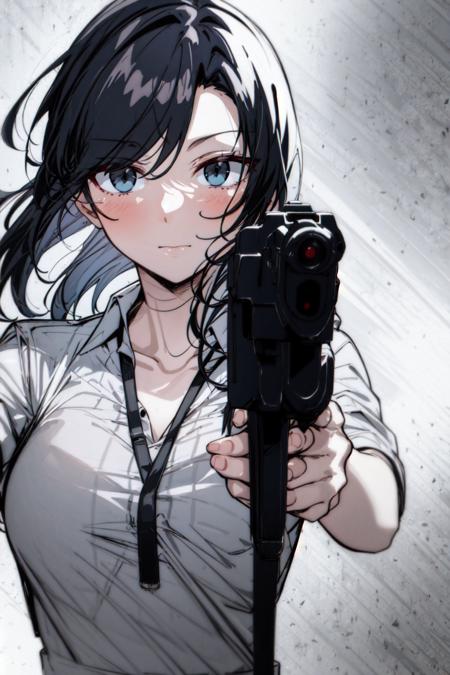 masterpiece, best quality, 1girl, <lora:Gun:1>,gun,holding_gun,looking at viewer,