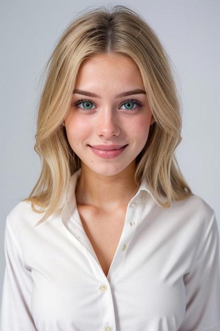 (face like emmatopdown),  body like goose_fit_girl,
blonde hair, athletic body,  eyecandy, desirable, 
(tiny breasts), beautiful green eyes, fit body,
 realistic,  
(wearing large buttonup shirt ),
nervous, tiny smile, 
 (facial), mouth closed