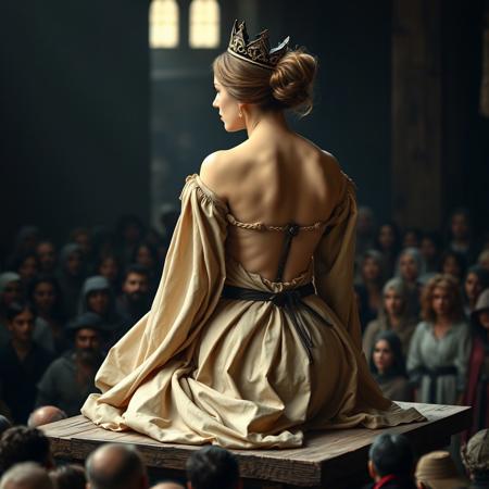 Medieval Queen, on knees, head on a block of wood with space carved up to create room for her neck, on a wooden platform. crown, elegant gown, hair up, bare neck. her dress is raised at back, exposing her rear, crowd of outlooks below platform level, dressed in medieval garb.