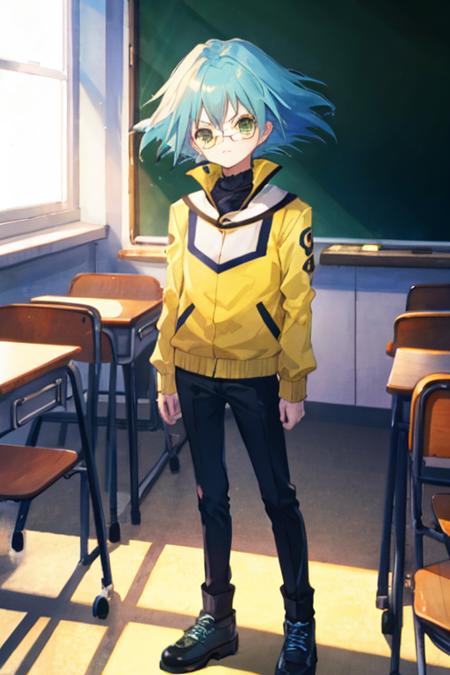 1boy, child, marufujisho, blue hair, short hair, bangs, green eyes, circular glasses, yellow jacket, pants, frown, standing, classroom <lora:marufuji_sho:1>