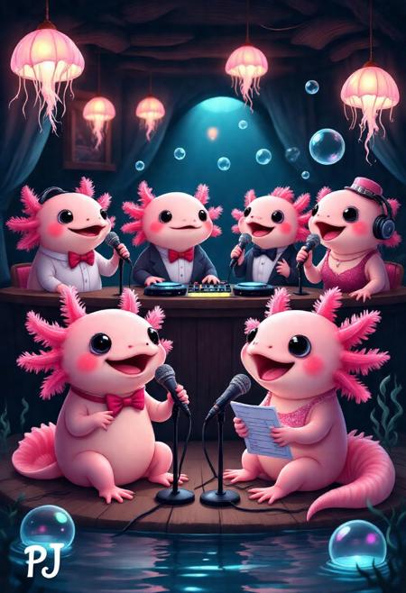 A heartwarming scene featuring anthropomorphized axolotls hosting a karaoke night in a cozy, dimly-lit underwater lounge. The axolotls are dressed in quirky outfits, some with bow ties, glasses, or sparkly dresses, singing passionately into microphones. One axolotl sits at a small DJ booth, adjusting glowing buttons, while another nervously waits their turn, clutching a song list. The lounge is adorned with soft jellyfish-shaped lanterns casting an enchanting glow, and bubbles float lazily through the water. The axolotls’ pink frilly gills and expressive round black eyes add to the charm, and the entire scene is brimming with joyful, whimsical energy.