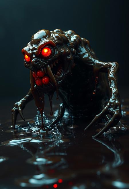 Photo of a terrifying creature emerging from a pool of dark, sticky liquid. Its body is a twisted mass of bubbling syrup, with jagged, sharp teeth made of glass and metal, resembling broken bottles. The monster's eyes glow an eerie, unnatural red, and its limbs are elongated, dripping with the same syrupy substance that trails behind it. The surface of its skin is slick and shiny, with fizzing bubbles that seem to burst and reform constantly. The background is dimly lit, with only the faint glimmer of red light reflecting off the creature's glossy body. The atmosphere is unsettling and ominous, evoking a sense of dread as the creature advances, leaving a trail of dark, viscous liquid in its wake. <lora:aesthetic10k:1.2>