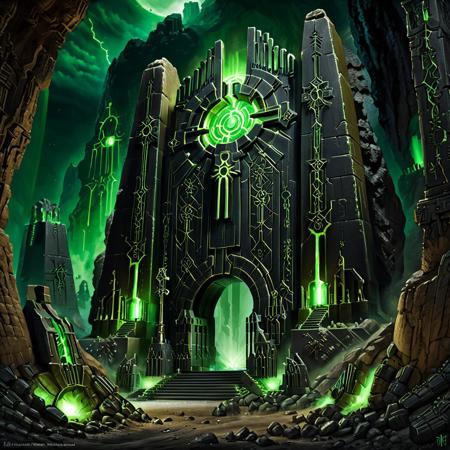 (HD, masterpiece, best quality, hyper detailed, ultra detailed, super realistic),At night, a Necron gate glows with symbols carved into its surface, leading to a cave where brown-haired adventurers prepare for battle.  Keywords: necron, gate, symbols, night, battle   , Necron,, electricity, green glow, green theme,<lora:challenge\Necron_World_XL-000009.safetensors:1.0:1.0>