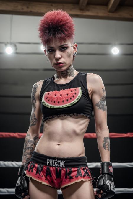 2female punk boxing, (wearing punk clothes, punk fashion),
(2 brutal punk women fighting at boxing ring), inspired by Kabuki, (watermelon is their trademark:1.4),
initial impulse, destructive impulse, destroyism, no future, anarchism, god save the queen, irony,
(cross counter:1.3), women become punch-drunk,  fighting for punks pride, they are serious,
snapshot, full body,
masterpiece, best quality, extremely detailed,
crisp image, sharp image, clear image, vivid image, realistic image, noiseless image,
detailed face, detailed eyes, detailed hair,
highly detailed background, natural cinematic lighting,