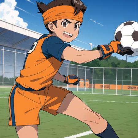 <lora:Mark Evans:0.7>,1boy,mature boy,smile,Mark Evans,head band,orange football uniform,gloves,goalpost,rage face,squating,keeper gloves,brown eyes,soccer field background