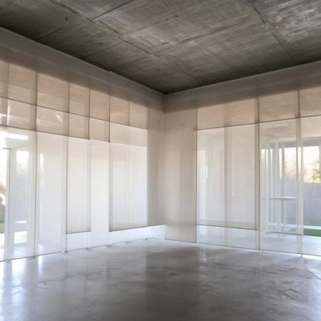 concrete brutalist interior, art installation involving the division of space with semitransparent white fabric, building under construction covered in white housewrap