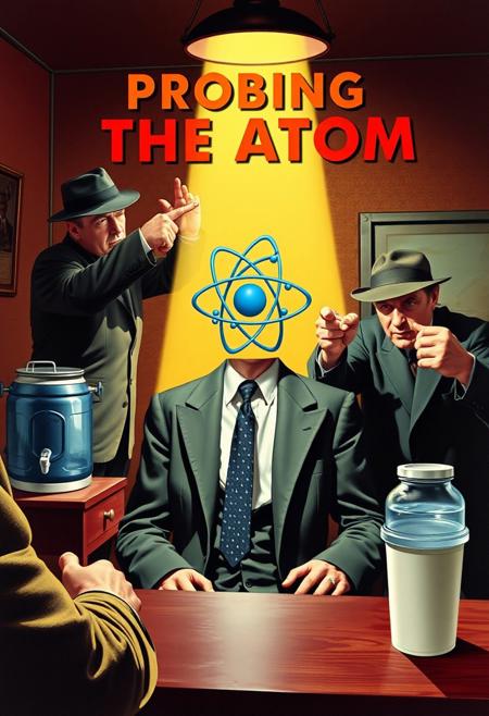 "SCIENTISTS PROBING THE ATOM", A 1940's interrogation room, it's a hot day in L.A., a detective is shining a light in a hostile way on a man with an atom for a head, which is dressed in a suit and tie, a watercooler is off to the side, another detective is crushing his paper cup in anger, the scene is tense and the atom-headed man is sweating profusely, the detectives are angry that they can't get answers from the atom-headed man,