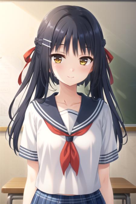 Seguchi Asahi long hair,black hair,hair intakes,hair ribbon,hair ornament,hairclip,sidelocks,bangs,yellow eyes serafuku,white shirt,blue sailor collar,plaid sailor collar,red neckerchief,short sleeves,blue cuffs,medium breasts,miniskirt,plaid skirt,white socks,black footwear