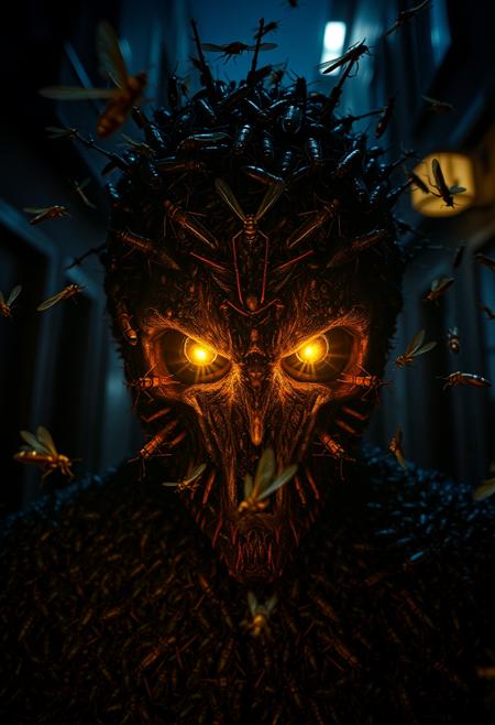 UHD 32k horror movie, photography, extreme closeup of scary evil spirit made of swarm of bugs in the shape of a man, bugs crawling all over him and flying around him, lit up fireflies are his eyes, night, shadows, dark city alley background, only light is from eyes, otherworldly, interesting color pallet, Stunning visuals, Texture, deep shadows, cinematic darkness, underexposed, chiaroscuro, atmospheric haze, low-key lighting