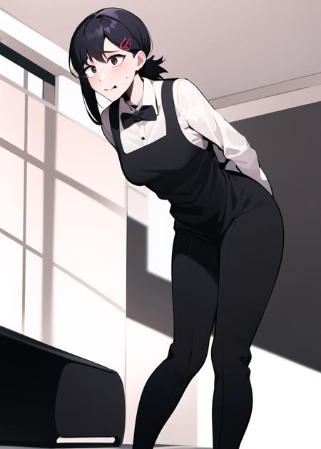 masterpiece, absurdres, full body,  <lora:higashiyama_kobeni:1>higashiyama_kobeni, hair ornament, hairclip, 1girl, solo, black hair, short ponytail, collared shirt, bowtie, apron, slacks, pants, nervous, cowboy shot,