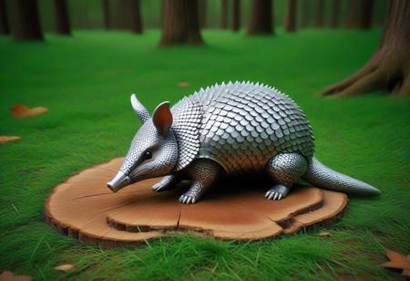 scaleboundsdxl, Armadillo, animal photography, critter, grass, tree stump, forest floor, on ground, stylized