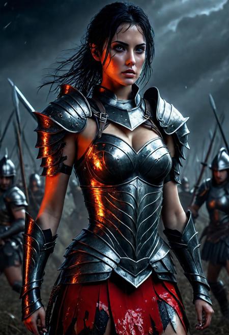 Ultra detailed digital art masterpiece beautiful Brett Cooper as Warrior girl dressed in a iron Armor and red mini skirt, Standing on a battlefield at the head of an army of knights, where a bloody slaughter is taking place, standing in battle pose, a dark epic fantasy, perfect lighting, beautiful Warrior girl, attractive woman, elegant, beautiful woman of athletic body, epic shot of the whole Warrior girl, unreal engine 5 nanite quality, dark fantasy, dark environment, very stormy day, LOTR style, dark washed out eyeliner, no make up, natural bloody pale face, realistic brown eyes, ultra detailed atmospheric details, beautiful glowing effects, sparkle effects, realistic body proportions, beautiful face proportions, complex masterpiece, wavy raven black hair, creative glowing detailed tattoos, complex physics, enhanced colors, complimentary colors, ultra detailed raytracing reflections, Ultra detailed complex background, environment feels alive, direct eye contact, dramatic lighting, wet and sweaty skin, beautiful firm Breasts, Daylight, Concept art by Greg Rutkowski, adding to the intense and dynamic atmosphere of the scene.