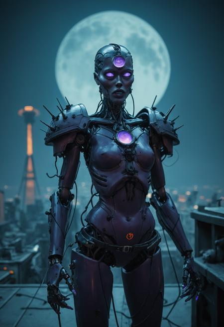 1girl, dread engineer, Her form shifts between solid and smoke, partly mechanized with exposed hydraulics at joints. Her face is half-covered by a breathing apparatus with tubes connecting to a backpack of alchemical fluids. Fingertips can split open to reveal fiber-optic filaments., Bald, scalp with cranial implants., Half face white, half face black, red third eye symbol on forehead., Bodysuit of grafted flesh and woven wire, forming protective sigils at vital points. Shoulders adorned with spiked pauldrons housing small mechanical familiars. Waist cinched with a belt of linked metal vertebrae strung with vials of glowing chemicals., Floating., Rooftop and satellite dishes pointed at the moon. Industrial smog filters moonlight. City lighting, Surveillance footage aesthetic., Sensual menace, the erotic potential of human-machine hybridization., Color Palette, Oil-slick black, tesla purple, oxidized copper, alabaster, Cyberpunk fashion (Demobaza, Machine56) colliding with traditional witchcraft imagery