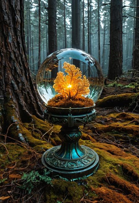 pms style, (masterpiece, best quality, highres:1.2), (photorealistic:1.2), (intricate and beautiful:1.2), (detailed light:1.2), (colorful, dynamic angle),
A hyper-realistic close-up of a crystal ball, resting on a weathered colorful pedestal, pedestal made out of patina metal skin, pedestal is carved with intricate runes, runes glowing faintly in amber, detailed,
BREAK inside the crystal ball, a tree made of pines and needles, electricity appears to shock the heart from the edges of the crystal ball, with subtle flickers of light illuminating the swirling smoke patterns, 
BREAK Background, Dramatic lighting, rolling fog, intense highlights, deep shadowy contrasts, creating a powerful, moody atmosphere, Hyperdetailed textures, glowing ember effects, intricate reflections, in a spooky forest, depth of field,
organic armor shaped like insect shells and glowing mycelium, helmet visor displaying bio-digital readouts, glowing spores drift around her, tracking luminous footprints across an alien terrain of fungal towers and crystal pools, masterpiece, high score, great score, absurdres, 
Style: Whimsical,ral-pinecone,
Color Palette: Warm, inviting colors; golden browns, 
Lighting: Soft and warm lighting to enhance the coziness
Aesthetic: Fun, charming, and delicious