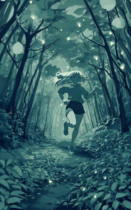 A girl running in the forest, She has many fireflies around her, riso print style, Slight retro color, flat, grainy, illustration, low saturation, cold color palette, muted colors, detailed, 8k,  <lora:riso_tunan:0.8>