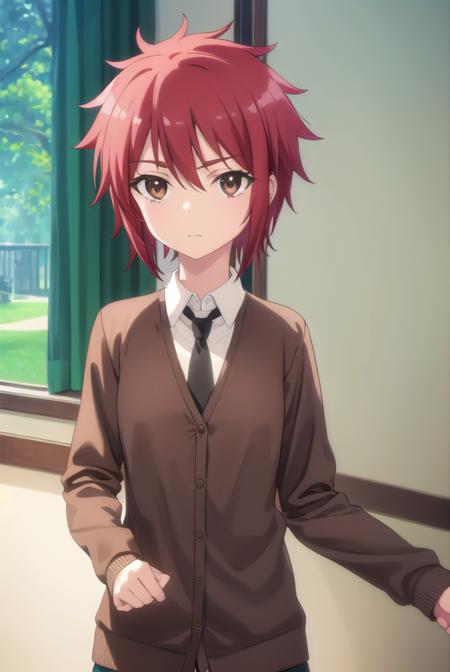 aoiyusa, <lora:aoi yusa s2-lora-nochekaiser:1>,
aoi yusa, short hair, (brown eyes:1.3), red hair,
BREAK school uniform, necktie, shirt, white shirt, collared shirt, cardigan, brown cardigan,
BREAK indoors, classroom,
BREAK looking at viewer, (cowboy shot:1.5),
BREAK <lyco:GoodHands-beta2:1>, (masterpiece:1.2), best quality, high resolution, unity 8k wallpaper, (illustration:0.8), (beautiful detailed eyes:1.6), extremely detailed face, perfect lighting, extremely detailed CG, (perfect hands, perfect anatomy),