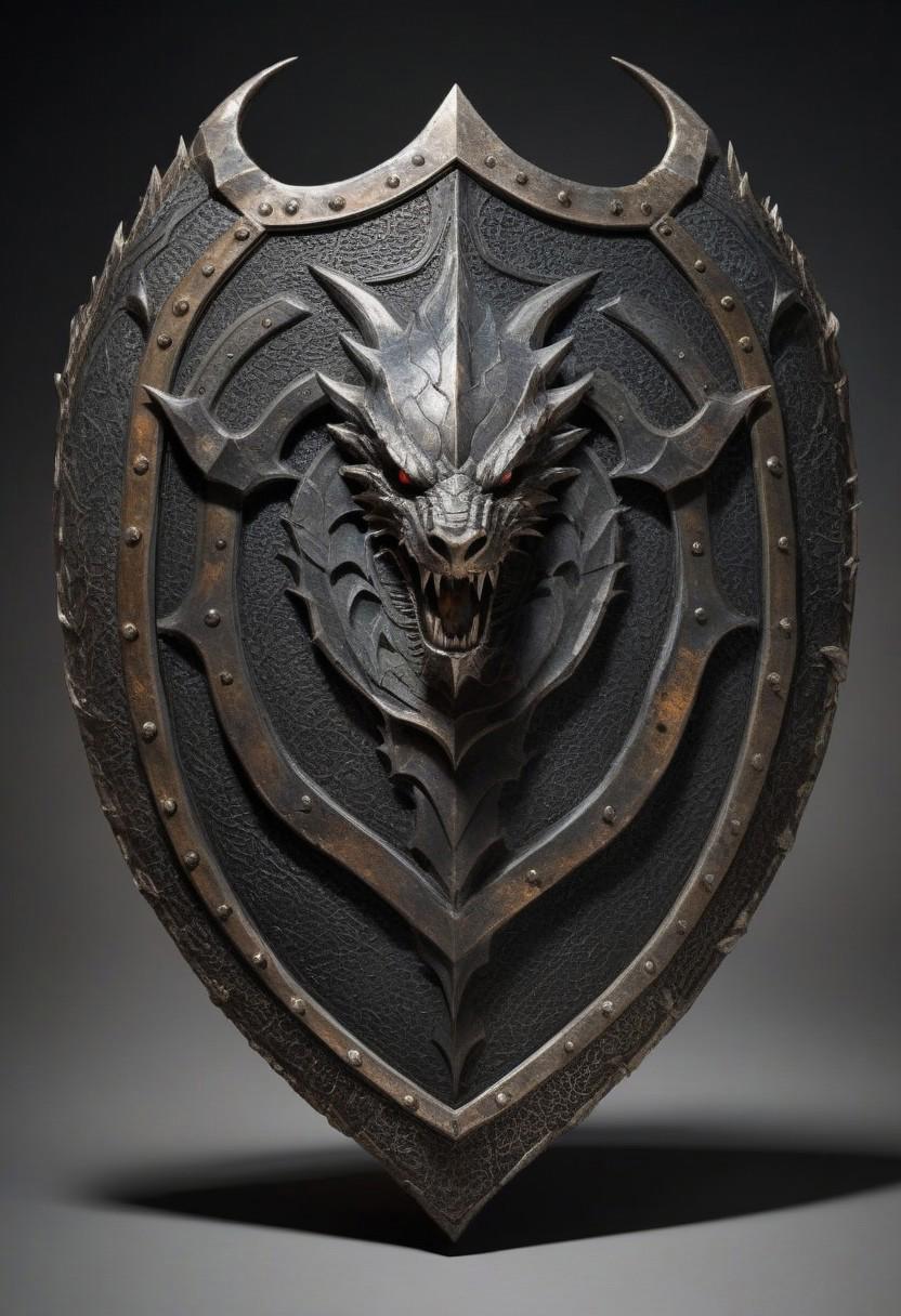 A large dragon scale crafted into a shield for a mighty warrior. The scale has a rough, metallic surface with a deep, dark hue, possibly black or dark gray, and faint iridescent patterns running through it. The edges of the shield are reinforced with silver or steel, and intricate engravings of ancient symbols are etched into the metal frame. The shield has a rugged, battle-worn appearance, with a few scratches and dents, showing it has been through many fights. It is massive, almost as tall as the warrior who wields it, and exudes a sense of power and resilience.