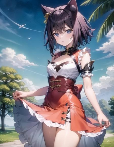 masterpiece, highres, best quality, fran \(tensei shitara ken deshita\),  <lora:CHAR_SwordIsekai_Fran:1>, in the park, summer dress