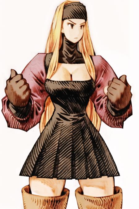 <lora:fftstyle_v1.8_Av3_&_NAI_merged:1> 1girl, blonde hair, turtleneck, headband, cleavage, thigh boots, thick thighs, pleated dress, wide hips, scowl, large breasts, gloves