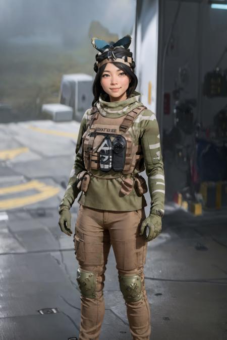 (masterpiece, best quality:1.2), <lora:paik_(battlefield_2042):1>, paik (battlefield 2042), gloves, knee pads, military, military uniform, pants, 1girl, uniform, black hair, solo, smile, looking at viewer, outdoors, sky, day, blue sky