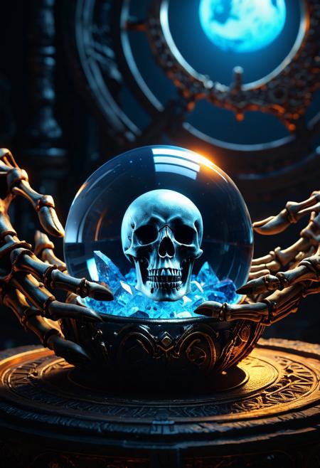 Dark fantasy concept art. Close-up. Skeletons hands holding crystal ball. Apocalyptic wasteland inside sphere. High-contrast cinematic lighting. Deep blues and oranges, warm golden glow. Richly detailed, 3D Unreal Engine 5 style. Intricate textures, mystical atmosphere. "Gods and Monsters" Artstation trending. 8k resolution. ZBrush inspired. Blender Cycles style rendering. Environment art. High-poly fantasy. Mysterious vibrant.