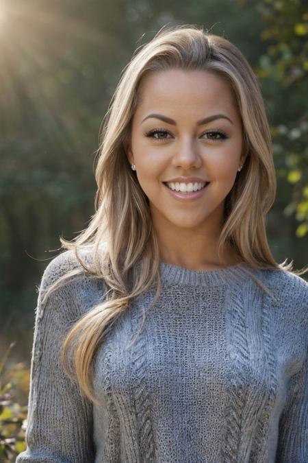 headshot of S729_ChristenCourtney,an attractive woman,in a (forest),wearing a (sweater),(smiling),(sunset),(RAW photo, best quality, 50mm, depth of field, ultra high res, intricate, photorealistic, cinematic-shot, masterpiece, ultra-detailed),