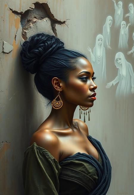 A woman with golden earrings and a powerful stance stands beside a crumbling wall, where ghostly illustrations emerge in chalk, contemporary urban realism meets ethereal literary illustration, powerful female portraiture with atmospheric storytelling, classical oil technique fused with delicate watercolor textures, street art aesthetics blended with gothic romanticism, rich earthy tones layered with soft muted pastels, expressive brushwork and intricate costume detail, textured urban settings with fairytale undertones, emotional realism meets dreamlike composition, cultural identity portrayed through poetic environments, symbolic backgrounds with moody light, narrative portraiture infused with mystery, realism and fantasy in intimate balance
