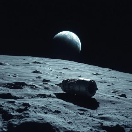 Crashed spaceship in space A slow camera tilt reveals Earth rising majestically above the stark, crater-filled lunar horizon as the view transitions from the desolate gray moonscape in the foreground to the brilliant blue marble of our home planet glowing against the star-filled black void of space. .