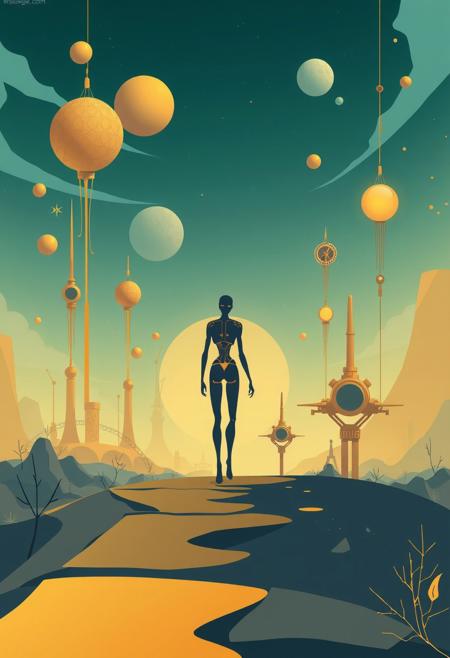 Modern flat design illustration featuring a two-dimensional, elongated human figure walking through a surreal landscape of biomechanical structures, floating spheres, and glowing orbs.  Simple shapes, gold, blue, and bronze colors, infinite sky, organic and mechanical fusion.