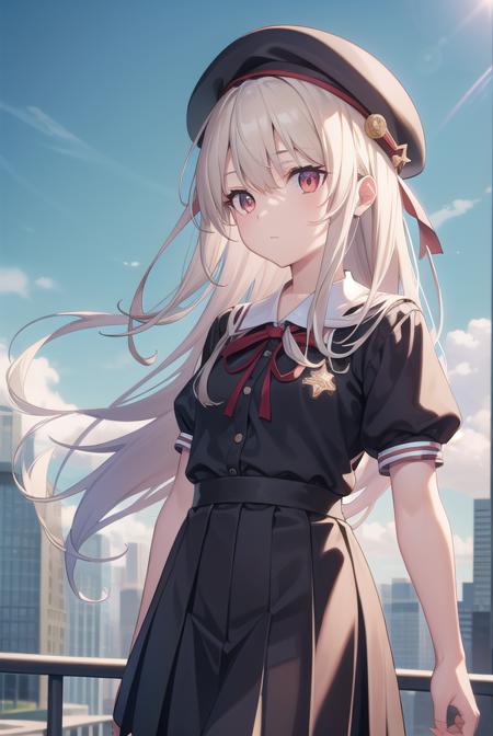 illyasvielvoneinzbern, <lyco:illyasvielvoneinzbern-lyco-nochekaiser:1>,
illyasviel von einzbern, blonde hair, hair between eyes, long hair, (red eyes:1.5),
BREAK beret, black skirt, brown footwear, collared shirt, hat, homurahara academy school uniform, kneehighs, loafers, pleated skirt, puffy short sleeves, puffy sleeves, red ribbon, ribbon, school uniform, shirt, shoes, short sleeves, skirt, socks, white headwear, white shirt, white socks,
BREAK outdoors, city, sky, cloud, sun,
BREAK looking at viewer, (cowboy shot:1.5),
BREAK <lyco:GoodHands-beta2:1>, (masterpiece:1.2), best quality, high resolution, unity 8k wallpaper, (illustration:0.8), (beautiful detailed eyes:1.6), extremely detailed face, perfect lighting, extremely detailed CG, (perfect hands, perfect anatomy),