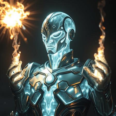 Masterpiece, a thallium/humanoid, 32k, 16k, 8k, cinematic art, realistic art, detail, wearing  Mercury like bioluminescence translucent armor, Spirit bomb like energy chromium/radium attack
