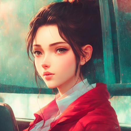 dgtl, a portrait of a cute woman, jacket, earbuds, looking down, on a bus, dark hair, ponytail, soft lighting, realistic lighting