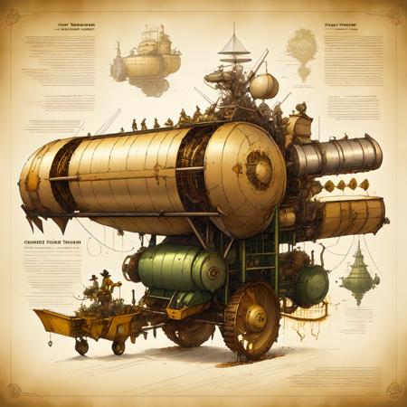 <lora:SteampunkSchematicsv2-000009:1> SteampunkSchematics fantasy combine harvester