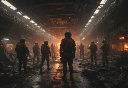 moon space station, Hasselblad 8k photo a POV style, star wars, blade runner, millitary uniforms, in dark cinematic scene of hundreds of soldiers with cinematic dust 3D render, HDR, Detailed background, Hyper-realistic textures, V-Ray rendering, Ambient Occlusion, based on the anime show, logo, "MOON ON BASE", black and orange, trending on artstation, unreal engine, wires futuristic, silicon future, artificial intelligence, mechanical 
<lora:add-detail-xl:0.95> <lora:dvr-lnds-sdxl:0.3> dvr-lnds-sdxl <lora:MJ52:0.25> <lora:ral-apoctvisn-sdxl:0.3> ral-apoctvisn <lora:zavy-cntrst-sdxl:0.35> dark, chiaroscuro, low-key <lora:zavy-rmlght-sdxl:0.41> zavy-rmlght <lora:SDXLFaeTastic2400:0.225>