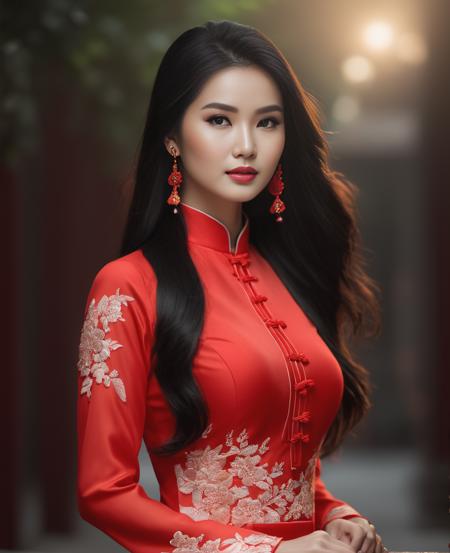 (in a public place:1. 6), Hyperrealist viet female, photo art, photo realistic, dynamic lighting, artstation, poster, volumetric lighting, 4 k, award winning, low key, (official clothing:1. 4), long hair, black hair, award wining, detailed skin texture, (blush:0. 5), (goosebumps:), subsurface scattering, ((ao dai red))BREAK, Illustrate a subject posing amidst nature, showcasing their connection to the natural world and their appreciation for its beauty.  <lora:add_detail:1>