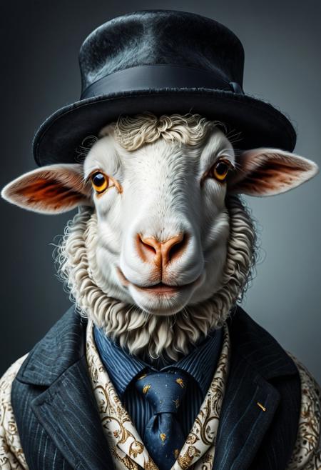 This ultra-detailed and hyper-realistic artwork is rendered in a dramatic, high-contrast, and cinematic style, featuring an anthropomorphic sheep dressed in a chic outfit and hat. The portrait captures the unique and visually captivating composition of this extraordinary character in a striking and unforgettable manner.