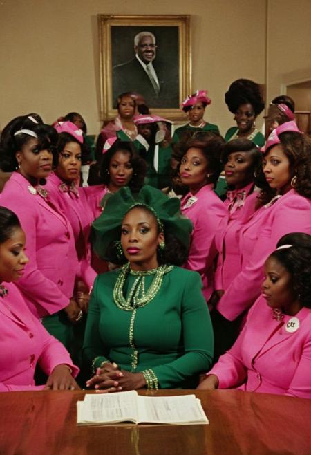 ()Hyoer Realistic:2.0)Polaroid picture of 
a hyper realistic Movie Still of elderly (40 years old ((busty)) (((african american))) women) 
 of a group of stern, suited College Board of Trustees seated around a polished wooden table, their eyes glazing over as they fall under the hypnotic spell of a circle of Alpha Kappa Alpha Sorority Sisters.
The  (elderly 40 year old busty african american sorority sisters, resplendent in their pink and green attire:1.85) , gaze intensely at the trustees, their hands weaving intricate patterns in the air as they chant in unison. The trustees' faces slacken, their pupils dilating as they succumb to the sisters' mesmerizing power.
In the background, a giant budget spreadsheet displays a rapidly increasing total, the numbers spinning wildly out of control as the trustees, now completely entranced, nod in unison to allocate infinite funds to the Greek Life budget. (Capture the surreal, humorous moment of sororal mind control:1.80)