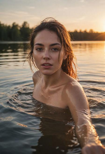 first-person-pov, editorial photo, everyday-type, adorable woman, partially submerged, lake at sunset, ((splashing viewer:1.2)), perfect composition, depth of field, detailed skin texture, lifelike shadows, indecent, immodest