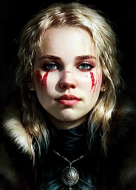 TheaSof1eLochNaess as viking, fur coat, wearing blood stained tunic, eye shadow, <lora:lovecraftstyle-000007:0.7>, by Artgerm and Greg Rutkowski