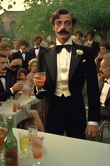 <lora:Director Martin Scorsese style:1>Director Martin Scorsese style - A medium close-up movie still from surreal film in style of  showing a young man with mustache in tuxedo who looks like  leaning against the wall and watching people with drinks in foreground on a fellini style garden party in ancient surroundings during night | shot on celluloid with Panavision Cameras | Panavision Lenses | 35mm Film Negative Width | Anamorphic  | Cinematography | Critically acclaimed |  winning practical effects,