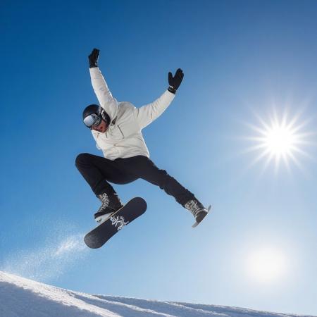 man doing a snowboard stunt, background a sunny blue sky