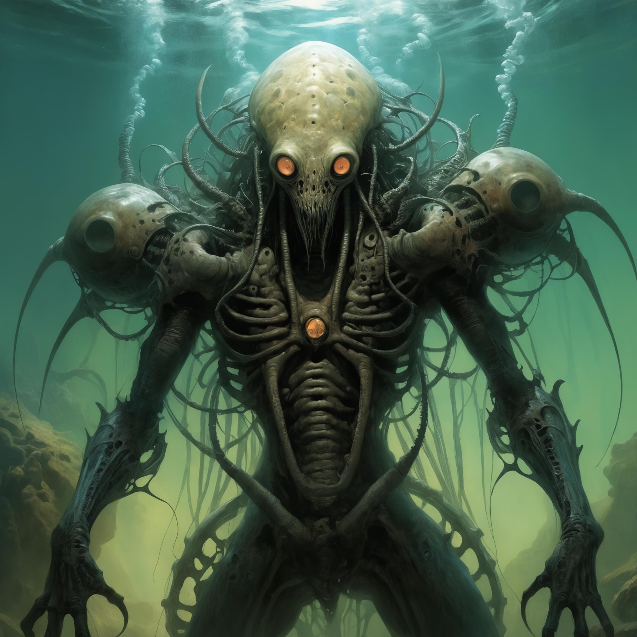 A nightmarish sea creature with glowing eyes and mechanical parts.