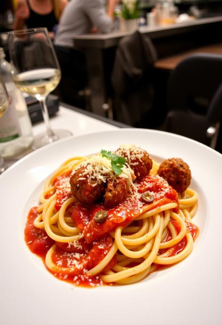 a perfect plate of spaquetti with meat balls, steamy, hot, tomate sauce and cheese, fancy italian counter,
