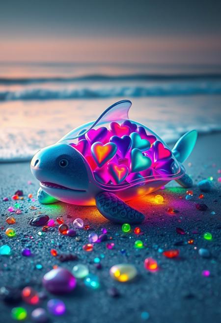 A captivating, surreal artwork by Hans Darias AI, depicting a transparent turtle-shark shaped container filled with vibrant, glowing hearts in various shades of the neon rainbow. The creature is nestled on a sandy beach adorned with neon multicolored, sparkling neon pebbles and neon stones. The gentle waves of the ocean lap at the shoreline in the background, creating a tranquil and dreamy atmosphere.