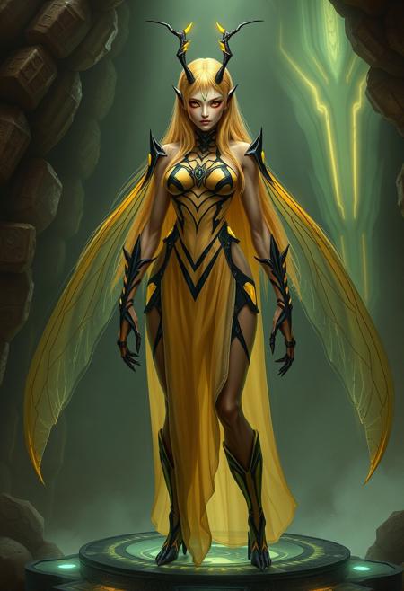 (masterpiece, best quality), Vesperia from Primal Hunter, humanoid vespernat queen, tall and commanding female form, approximately 2.3 meters tall, long flowing golden hair, black eyes with radiant yellow irises, short black antennae with slightly yellow glow at the tips rising from her forehead, sheer wasp-stripe dress in alternating translucent yellow and black, dress flowing elegantly around her limbs, chitinous yellow-and-black accents peeking through the fabric like armor, regal and alien beauty, lean muscular proportions with insectoid undertones, high fantasy science fiction setting, standing on a raised bioluminescent platform in her hive, dignified, elegant yet unnerving presence, aura of psionic command, digital painting, highly detailed concept art, fantasy xenoqueen, by greg rutkowski and wlop
